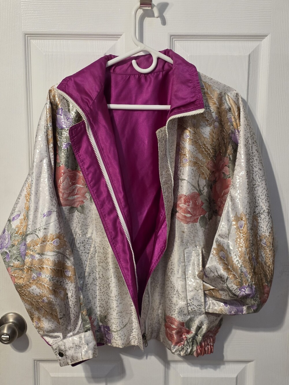 Vintage Floral Reversible Satin Bomber Front Zip Windbreaker PMB Fashion Apparel